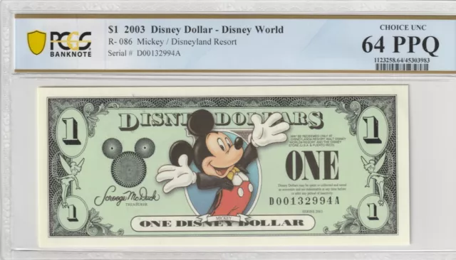 Disney Dollar 2003 Certified PCGS Banknote UNC 64 PPQ Mickey