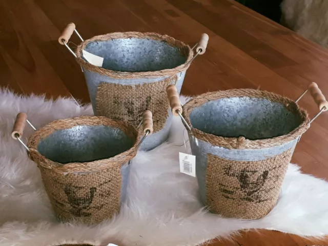 Zinktöpfe 3 Stück mit Henkel Griff Holz Blumenkübel Eimer Dekoration Pflanztopf