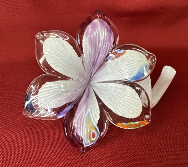 Murano Style Multicolor Swirl Art Glass 6 Petal Flower Curly Stem Bud Vase