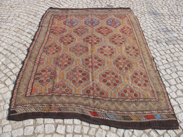Vintage Turkish Kilim Worn Area Rug Wool Goat Hair Nomad Farmhouse Carpet 6x8