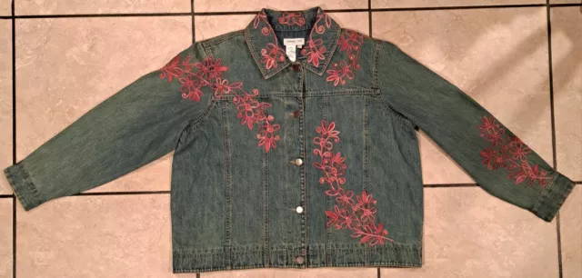 Vintage Coldwater Creek Floral Embroidered Blue Denim Jacket Size 1X