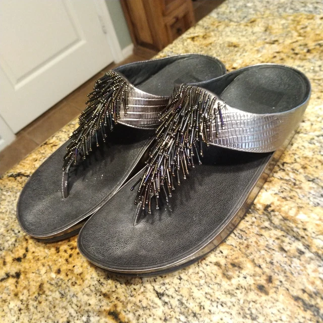 Fitflop Cha Cha Beaded Thong Wedge Sandal Women's Sz 10 Leather Metallic 336-289