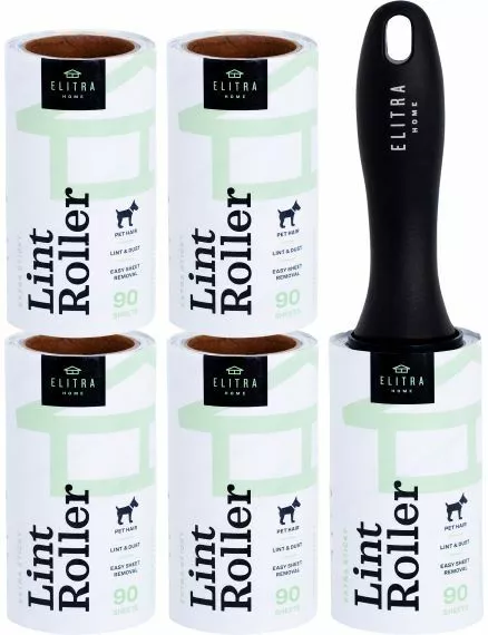 Elitra Extra Sticky Lint Roller Lightweight Handle + 4 Refill Packs (450 Sheets)