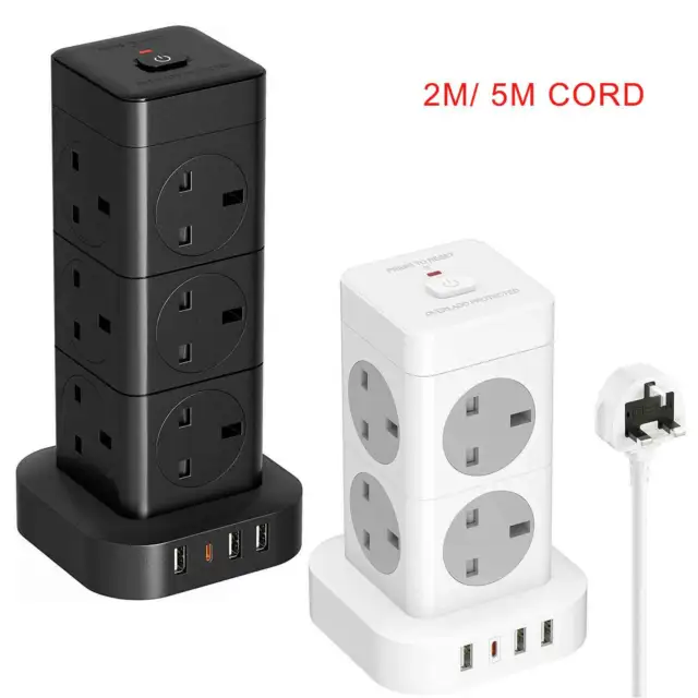 2M / 5M Tower Extension Lead with USB C  8/12 AC Sockets Extension Cable