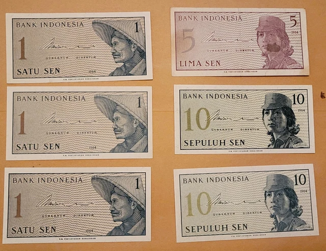 Lot Of Six Vintage 1964 Bank of Indonesia Notes