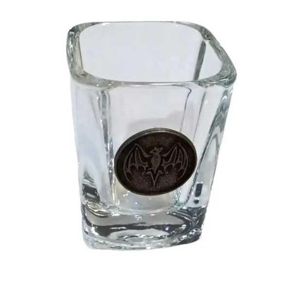 Vintage Square Shot Glass Bacardi Rum Bat Logo Pewter Applique