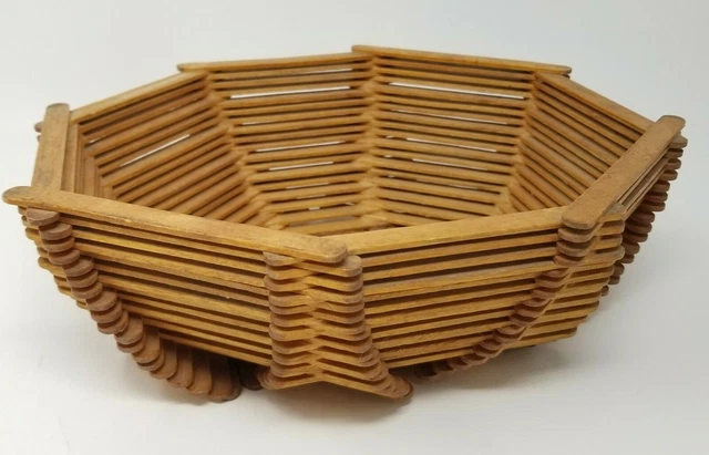 Basket Popsicle Stick Bowl 1960s Craft Handmade Layered Octagon Vintage