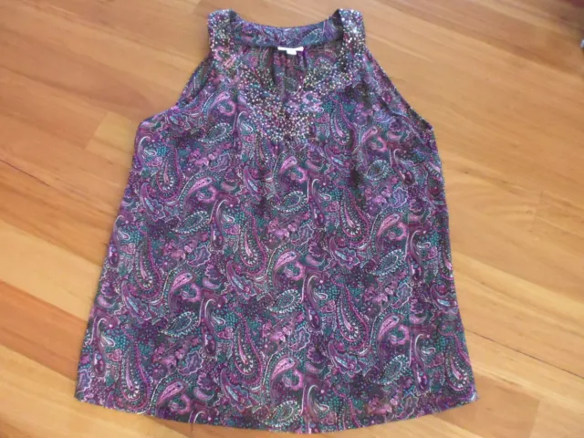 Ladies Cute Sheer Purple Floral Polyester Sleeveless Top By Millers - Size 16