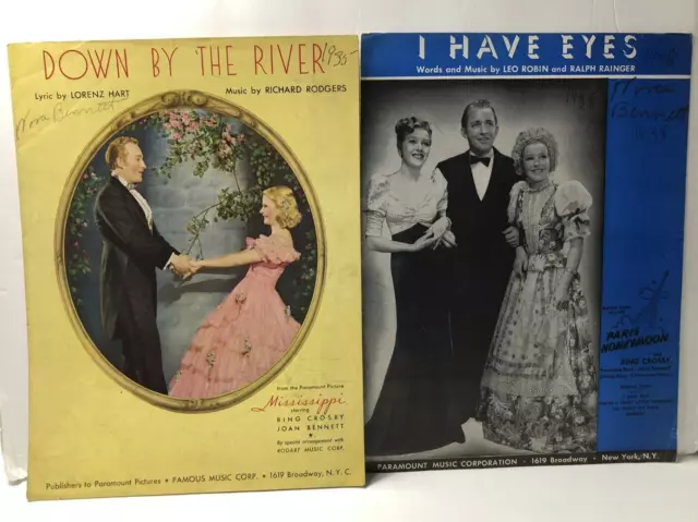 Lot of 2 Vintage 1930s Sheet Music Bing Crosby I Have Eyes and Down by the River