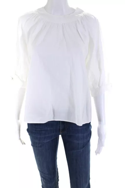 Pearl by Lela Rose Women's Cotton Gathered Long Sleeve Blouse White Size S