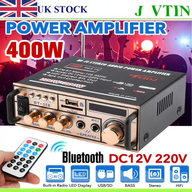 400W Audio Power Amplifier 2CH 12V Stereo Bluetooth HiFi FM Home Car Karaoke Amp