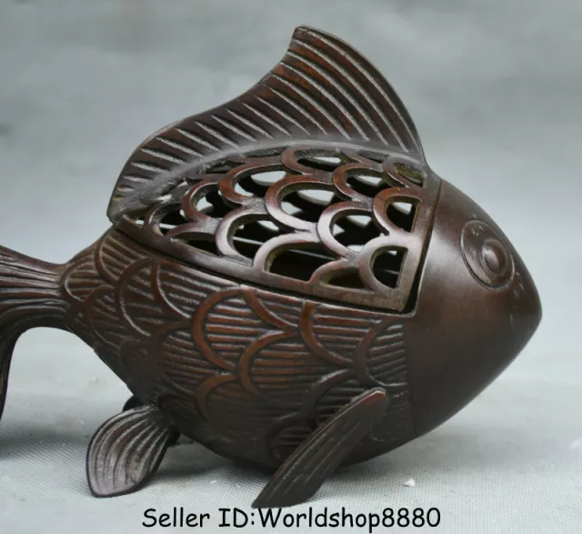 7.8" Rare Old China Bronze Dynasty Fish Goldfish Statue Incense Burner Censer 2