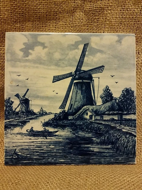 Vintage Dutch Delft Blue Tile Mid Century Two Wind Mills with Home Stream Boat