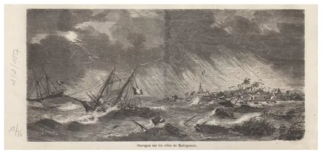 Madagascar - Ouragan, naufrages sur les côtes Gravure Antique Print 1857