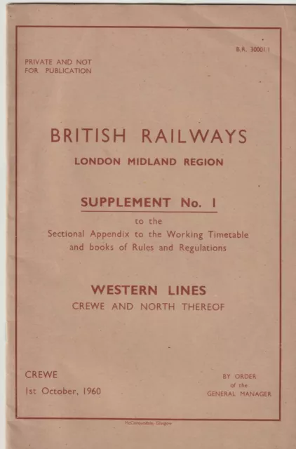BR LMR Western Supplement 1 toSectional Appendix to Working Timetable/Rules 1960
