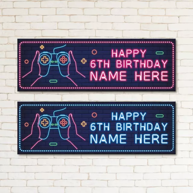 2 Personalised Birthday Banner Neon Game Console Box Kids Boy Party Poster
