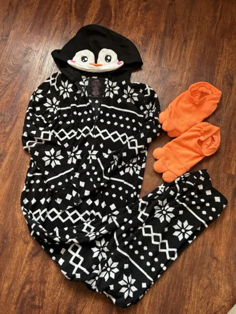 Justice Penguin Pajamas One Piece Size 16/18 With Feet