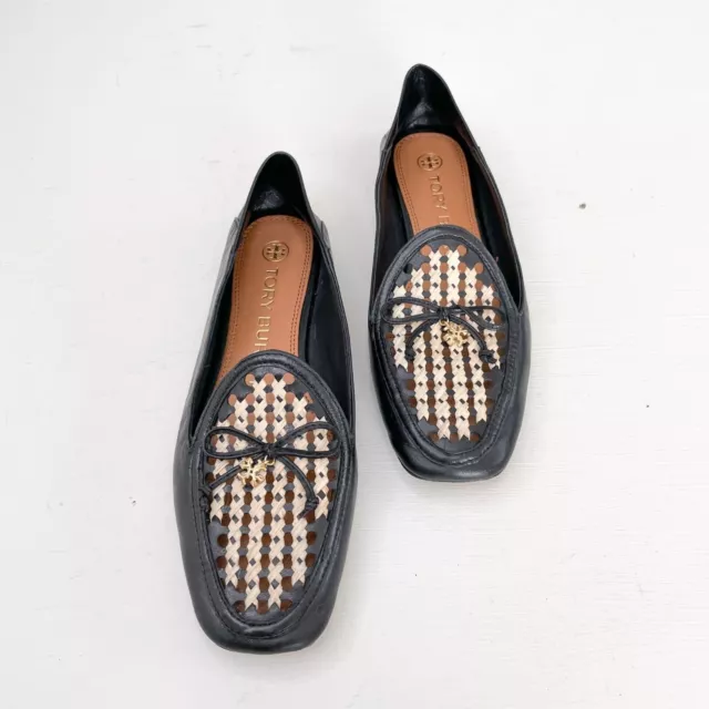 Tory Burch Charm Woven Loafer Size 6.5 Black Raffia Convertible Logo Flat Shoes