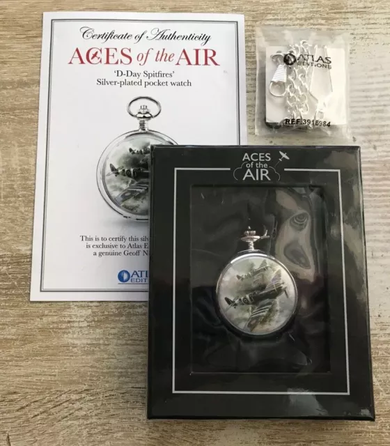 Atlas Editions Aces of the Air Pocket Watch Silver Plated D-Day Spitfires New