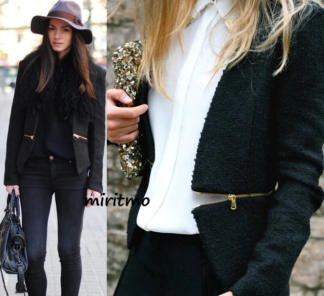 ZARA WOMAN BLACK Blazer Boucle Fantasy With Gold Zips Coat Jacket