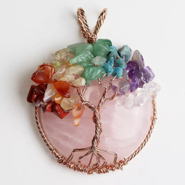 Natural Crystal Quartz Pendant Tree of life Wire Wrapped Chakra Healing Amulet