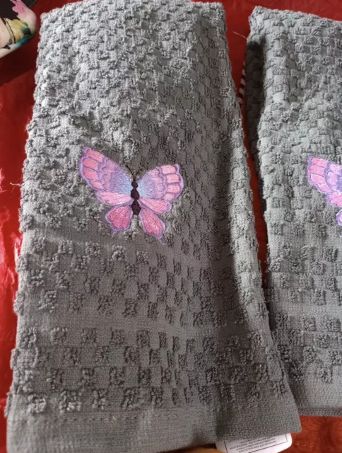 Gray With Pink & Purple Butterfly Embroidery Kitchen Towels Set/2 Custom Made