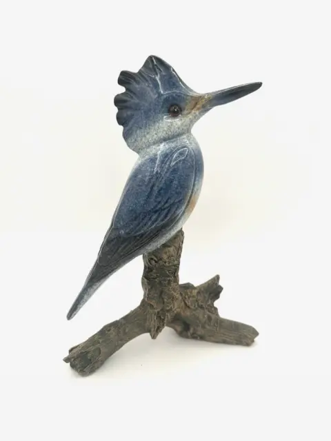 10" Carved Ceramic BELTED KINGFISHER Bird Figurine on Resin Branches