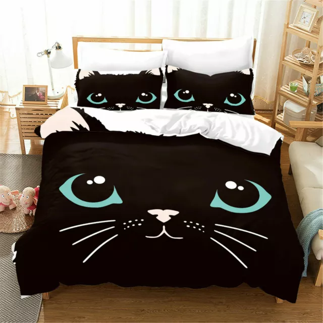 3D Lovely Blue Eye Cat Bedding Set Doona Duvet Cover PillowCase Cartoon Black