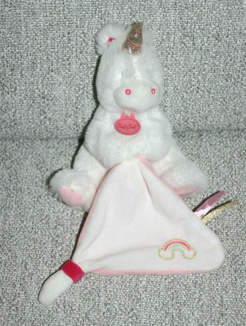 Babynat Baby Nat Doudou Licorne Blanc Mouchoir Blanc Rose Bn0320 Etat Neuf