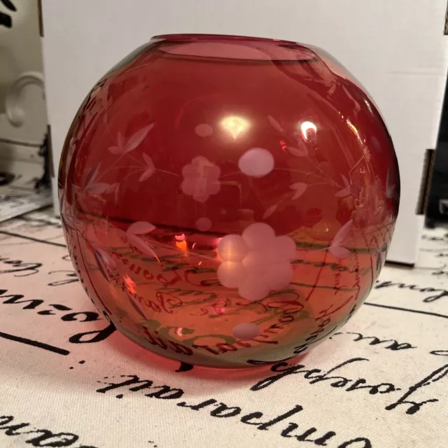 Etched Cranberry Glass Globe Vase Rose Bowl Vintage Floral