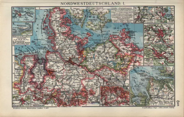 Landkarte map 1910: NORDWESTDEUTSCHLAND. I/II. Watten bei Büsum Sylt Schwerin