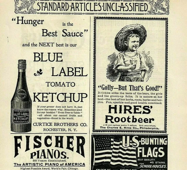 1896 HIRES ROOT BEER Food Beverage Ads Blue Label Ketchup Dressing US Flags 4012