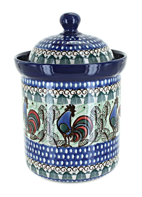 Blue Rose Polish Pottery Rooster Row Medium Canister