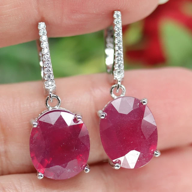 11 X 13 Mm. Oval Rot Rubin & Weiß Cubic Zirkonia Ohrringe 925 Silber