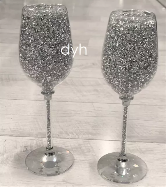 Crushed Pair of Crystal Filled Wine Flutes Glasses Champagne Elements Romany New