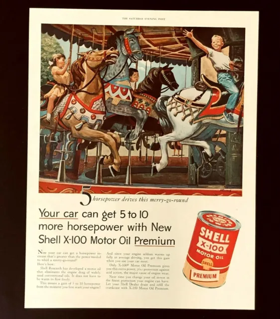 1955 Shell Motor Oil Advertisement Carousel Merry-Go-Round Horses Vtg Print AD