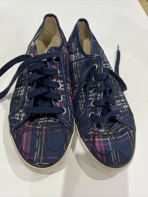 Coach Dee Tartan Purple / Blue Glitter Plaid Monogram Poppy Sneakers Size 9 1/2