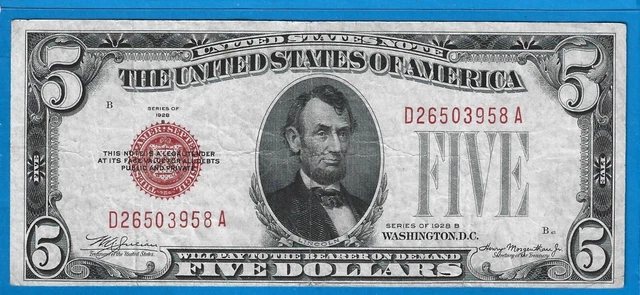 1928 B $5 United States Note-Legal Tender Note,Red Seal,Circ VF,Nice!