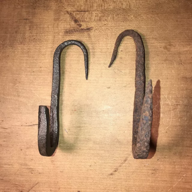 Antique Hand Wrought Iron Hooks (2) 4-1/2” & 5” L. As Found