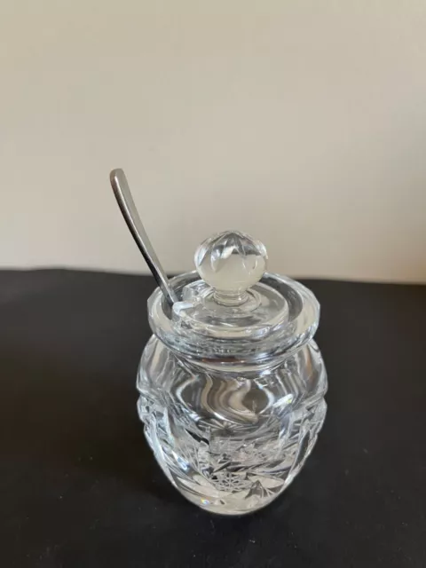 Vintage  Glass Crastal  Mustard Jam Honey Condiment Jar Pot Zipper W/ Spoon
