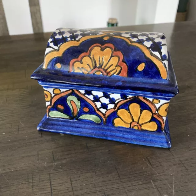 Vintage Talavera Hand Painted Pottery Trinket Box with Lid Signed Mexico