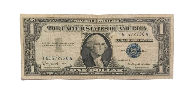 ✔ 1957 B One Dollar Silver Certificate Note, Average Circulated +, U.S. $1 Bill