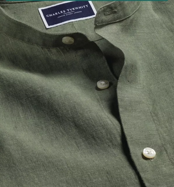 CHARLES TYRWHITT MEN'S Slim Fit Collarless Pure Linen Shirt Olive Green ...