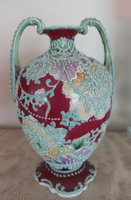 NIPPON Moriage Handpainted Thick  Art Nouveau Porcelain Vase 9" Antique