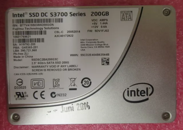 Fujitsu Intel SSD DC S3700 Series 200Gb 2.5" SATA 6GB/s SSD S26361-F5307-L200