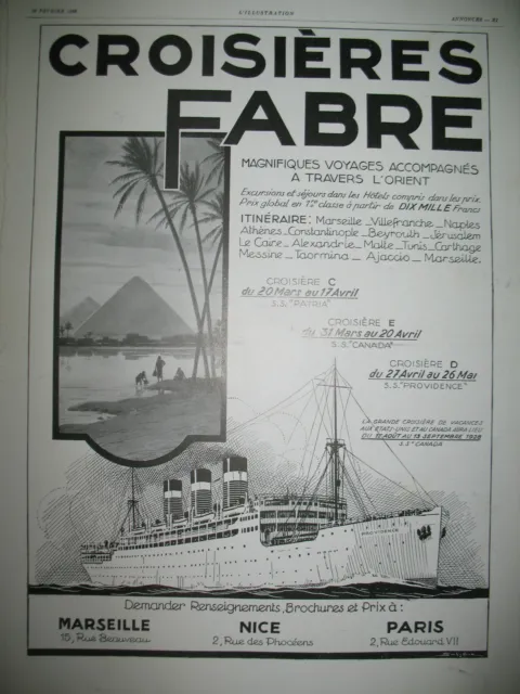 Publicite De Presse Croisieres Fabre Paquebot Providence Tourisme French Ad 1928