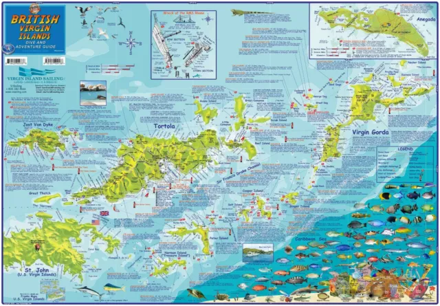 British Virgin Islands Adventure & Dive Map BVI Laminated Poster Franko Maps