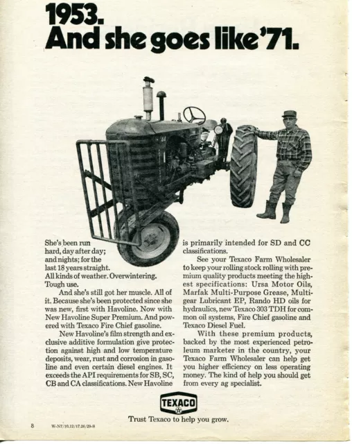 1971 Print Ad of Texaco Motor Oil w1953 Massey Harris 44 Tractor