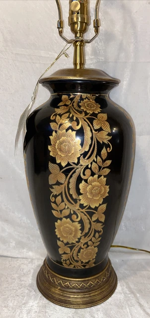Vintage Oriental Accent Black Porcelain Table Lamp Gold Floral Chinoiserie NOS