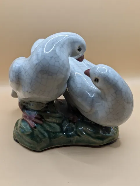 Vintage Chinese Crackle Glazed Pottery Doves Pigeons Birds in Grass Sculpture HB